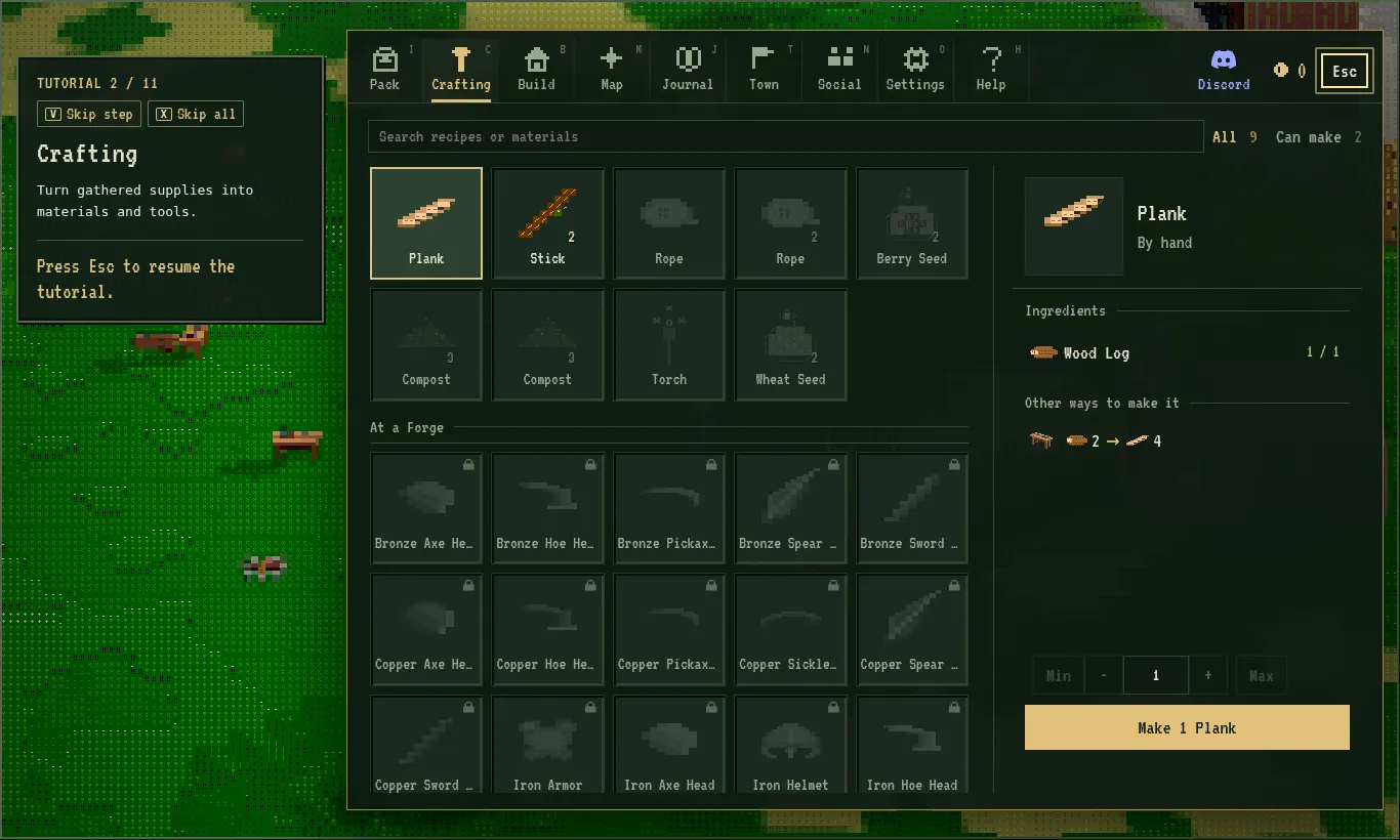 The Asciilands game menu open on the Crafting tab, with tabs for Pack, Crafting, Build, Map, Journal, Town, Social, Settings and Help along the top, each showing its hotkey