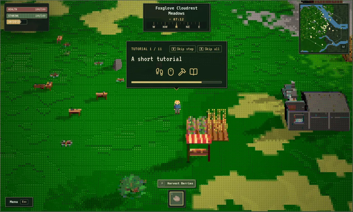 Asciilands gameplay: a character standing in a text-drawn meadow next to a market stall and a stone building, with the tutorial panel open